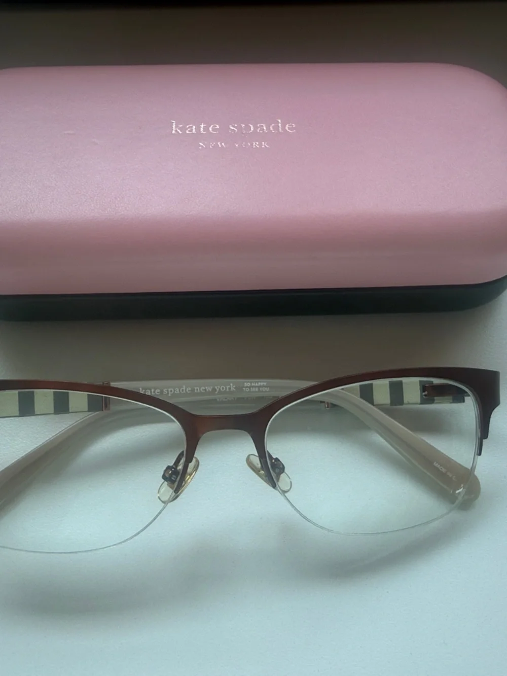kate spade Pink Eyeglass Case with Brown Rimless Frames